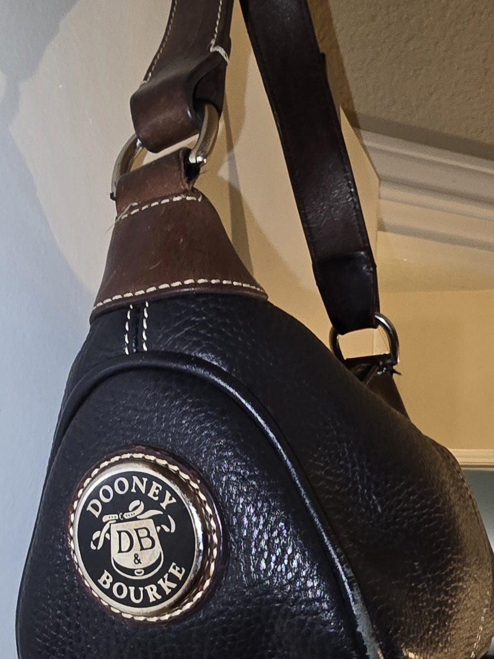 Dooney & Burke Classic Black Leather Shoulder Bag with Brown Accents - Picture 5 of 7